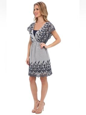 Two by Vince Camuto Embroidered Flutter Sleeve Mini Dress XS Blue White Cotton